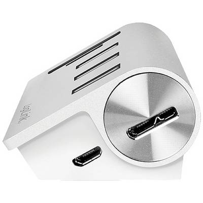 Ein silberner USB-C-Adapter in L-Form mit zwei Anschlüssen, einer an der Seite, einer vorne. Textur ist metallisch.