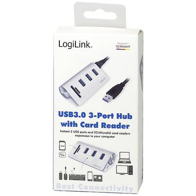 'LogiLink USB 3.0 Hub mit 3 Ports und Kartenleser' Verpackung, zeigt das Gerät mit Kabel, Computern und Symbolen für Kompatibilität.