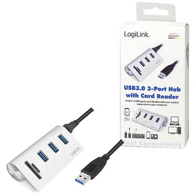 USB 3.0 Hub mit 3 Ports und Kartenleser von LogiLink. Enthält ein Kabel und Verpackung mit Produktinformationen und Bildern.