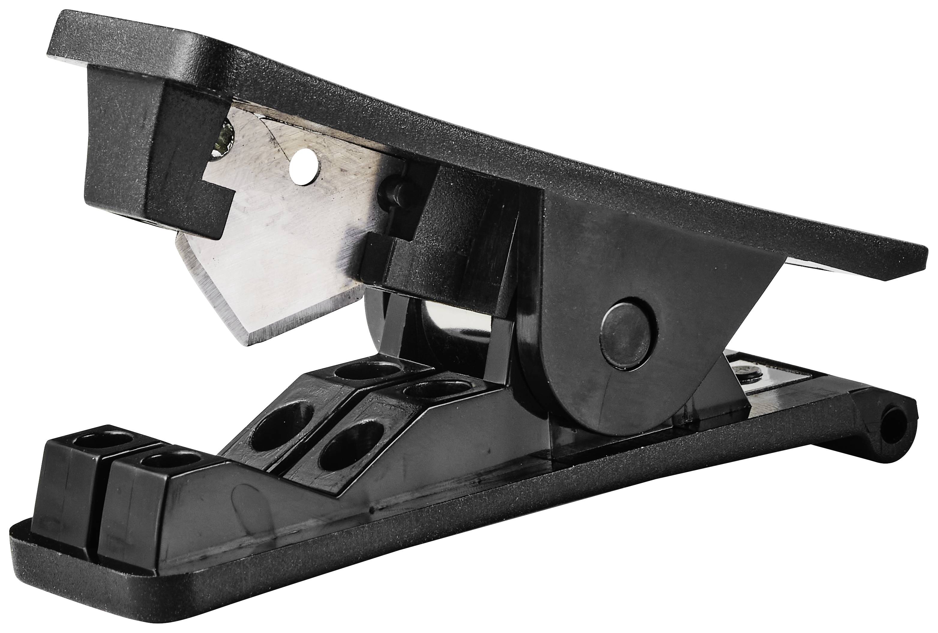 Manueller Kunststoffrohrschneider in Schwarz, mit scharfer Klinge und ergonomischem Griff. Verwendet zum Schneiden von Rohren.