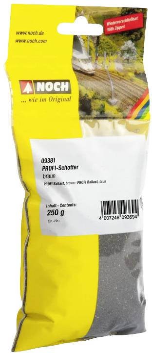 Gelbe Tüte mit 250 g braunem PROFI-Schotter der Marke Noch, abgebildet vor einem Modellbahn-Hintergrund.