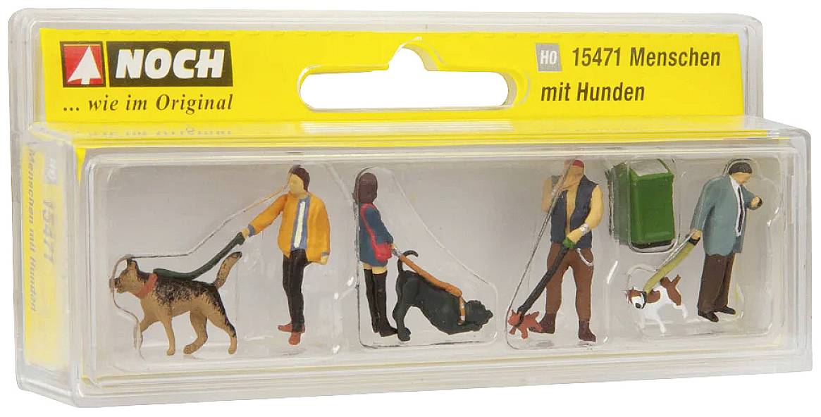Eine Packung mit Miniaturfiguren, die verschiedene Personen darstellen, die Hunde an der Leine spazieren führen.
