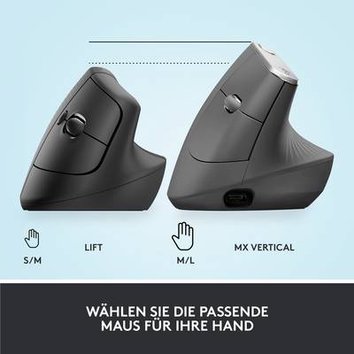 Vertikale ergonomische Maus mit geneigtem Design, in zwei Größen: S/M und M/L. Text: 'Wählen Sie die passende Maus für Ihre Hand.'