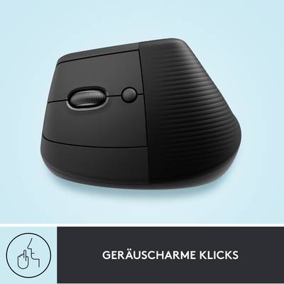 Vertikale, ergonomische schwarze Computermaus vor blauem Hintergrund. Text darunter: 'Geräuscharme Klicks'.