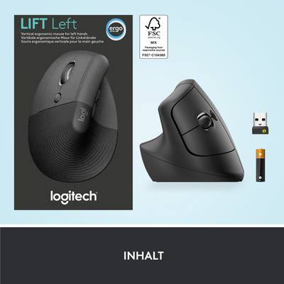 Vertikale ergonomische Maus von Logitech, Modell 'Lift', in Schwarz, für Linkshänder. Enthält USB-Empfänger und zeigt FSC-Zertifikat.