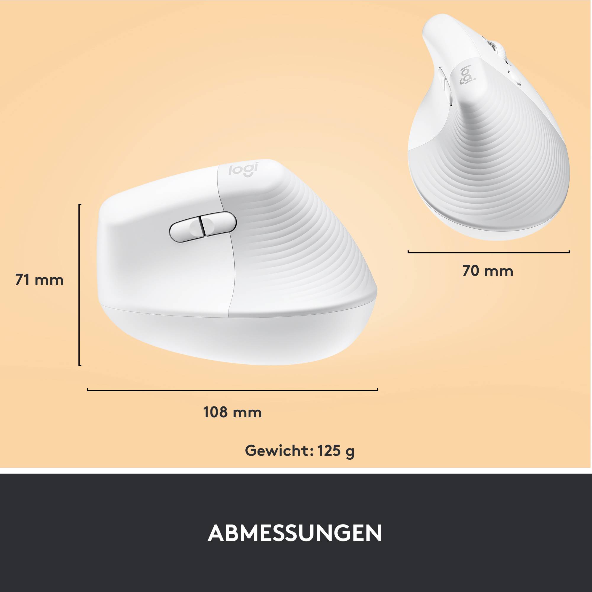 'Logitech' Maus mit ergonomischem Design. Abmessungen: 108 mm Länge, 70 mm Breite, 71 mm Höhe. Gewicht: 125 g.