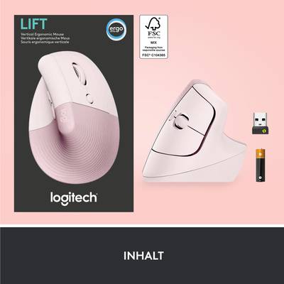 'Logitech Lift' ergonomische Maus, rosa, vertikales Design, mit USB-Empfänger für kabellose Verbindung. Verpackung und Maus abgebildet.
