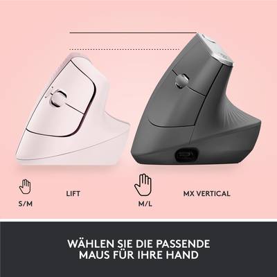 Zwei vertikale Mäuse auf rosa Hintergrund. Links: kleinere, rosa Maus, Größe S/M. Rechts: größere, graue Maus, Größe M/L. Text: 'Wählen Sie die passende Maus für Ihre Hand'.