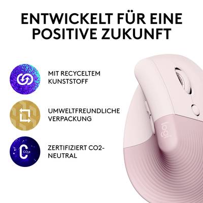 Die Abbildung zeigt eine rosa Computermaus. Text: 'Entwickelt für eine positive Zukunft'. Symbole für recycelten Kunststoff, umweltfreundliche Verpackung und CO2-Neutralität.