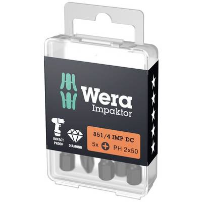 Satz mit fünf Schraubendrehereinsätzen von Wera, Typ Impaktor, 851/4 IMP DC, mit PH2 Kopf, stoßfest und diamantbeschichtet.