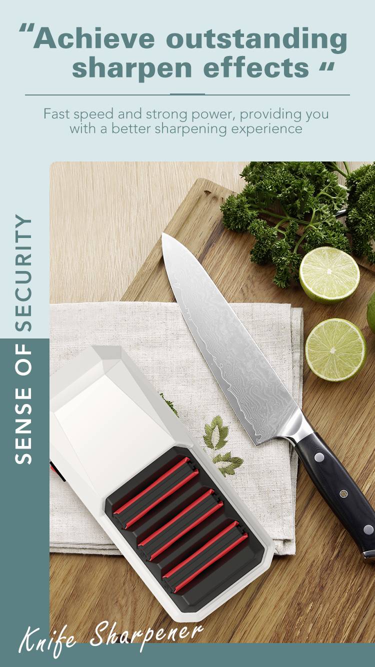 Ein Messer und ein Messerschärfer auf einem Schneidebrett mit Kräutern und Limetten. Text: 'Achieve outstanding sharpen effects'.