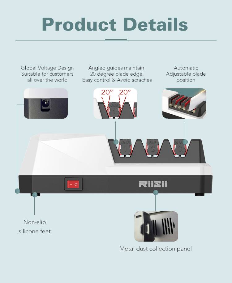 'Product Details' und Funktionen des Schleifgeräts: globales Spannungsdesign, geneigte Führung, automatische verstellbare Klingenklemme, rutschfeste Silikonfüße, Metallsammelbehälter.
