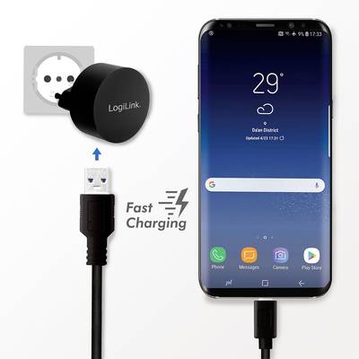 Ein Smartphone ist mit einem Kabel an ein Ladegerät angeschlossen. Das Display zeigt 29 Grad und 'Fast Charging' an.