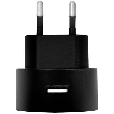 Schwarzes USB-Ladegerät mit zwei Steckerkontakten, frontal dargestellt.