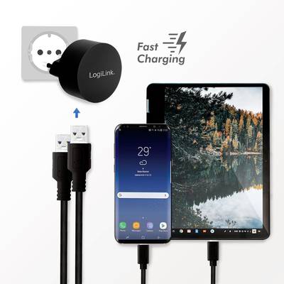 Ladegerät und Kabel von LogiLink für schnelles Laden. Abgebildet sind ein Smartphone und ein Tablet, die verbunden sind.
