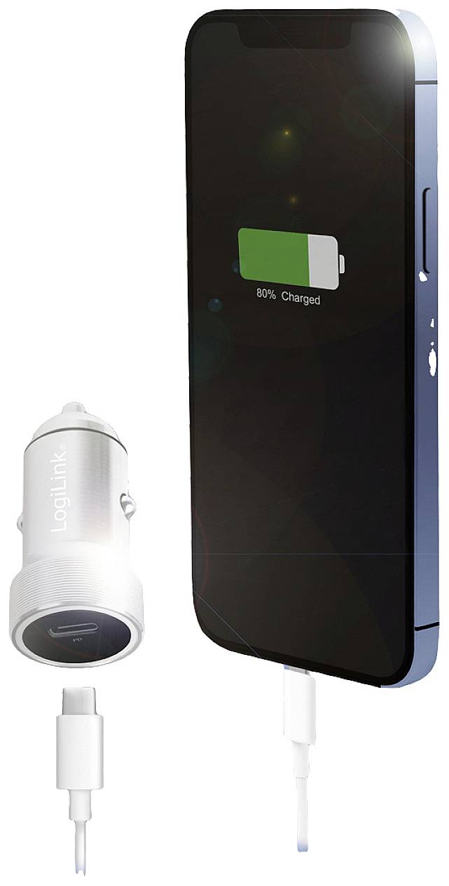 Ein Smartphone wird mit einem Autoladegerät aufgeladen. Der Bildschirm zeigt '80% geladen'.