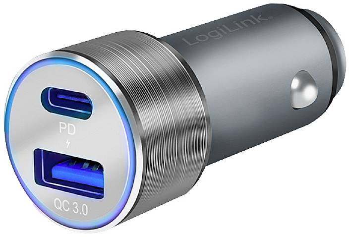 Ein silberner Auto-USB-Adapter mit zwei Anschlüssen, einem USB-C und einem USB-A. Auf der Seite steht der Schriftzug 'LogiLink'.
