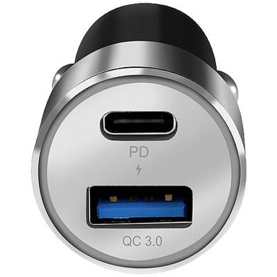 Das Bild zeigt einen Auto-Ladeadapter mit USB-C-PD- und USB-A-QC3.0-Anschlüssen. Der Adapter hat ein silbernes Gehäuse.