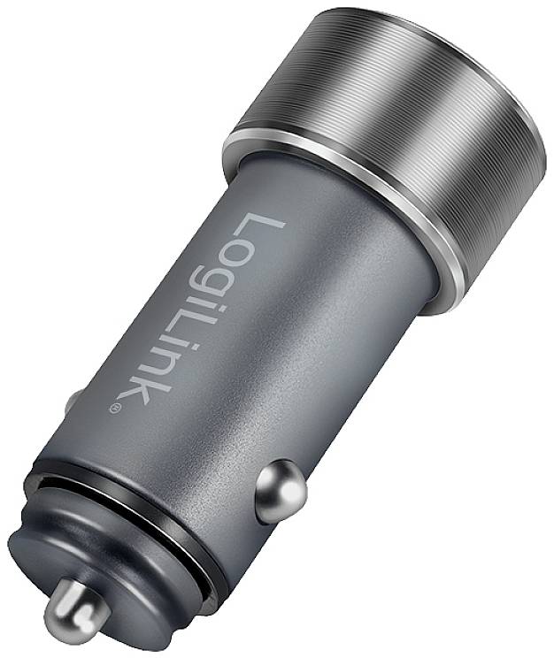 Grauer Auto-USB-Ladeadapter von LogiLink mit metallischem Gehäuse.