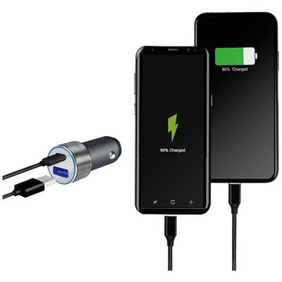 Zwei Smartphones werden über ein Autoladegerät aufgeladen; beide zeigen eine Ladesymbolik, eines mit 90 % und das andere mit 80 %.