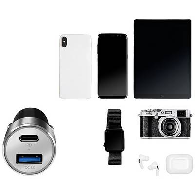 Eine Auswahl von technologischen Geräten: zwei Smartphones, ein Tablet, eine Kamera, eine Uhr, kabellose Ohrhörer, ein Ladegerät.