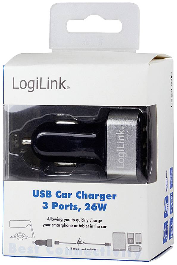 'LogiLink USB Auto-Ladegerät, 3 Anschlüsse, 26W.' Ladegerät verpackt in einer weißen Box mit Sichtfenster, umgeben von Produktinformationen.