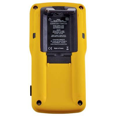 Rückseite eines gelben digitalen Messgeräts mit schwarzem Batteriefachdeckel, Produktinfos und Herstelleradresse.