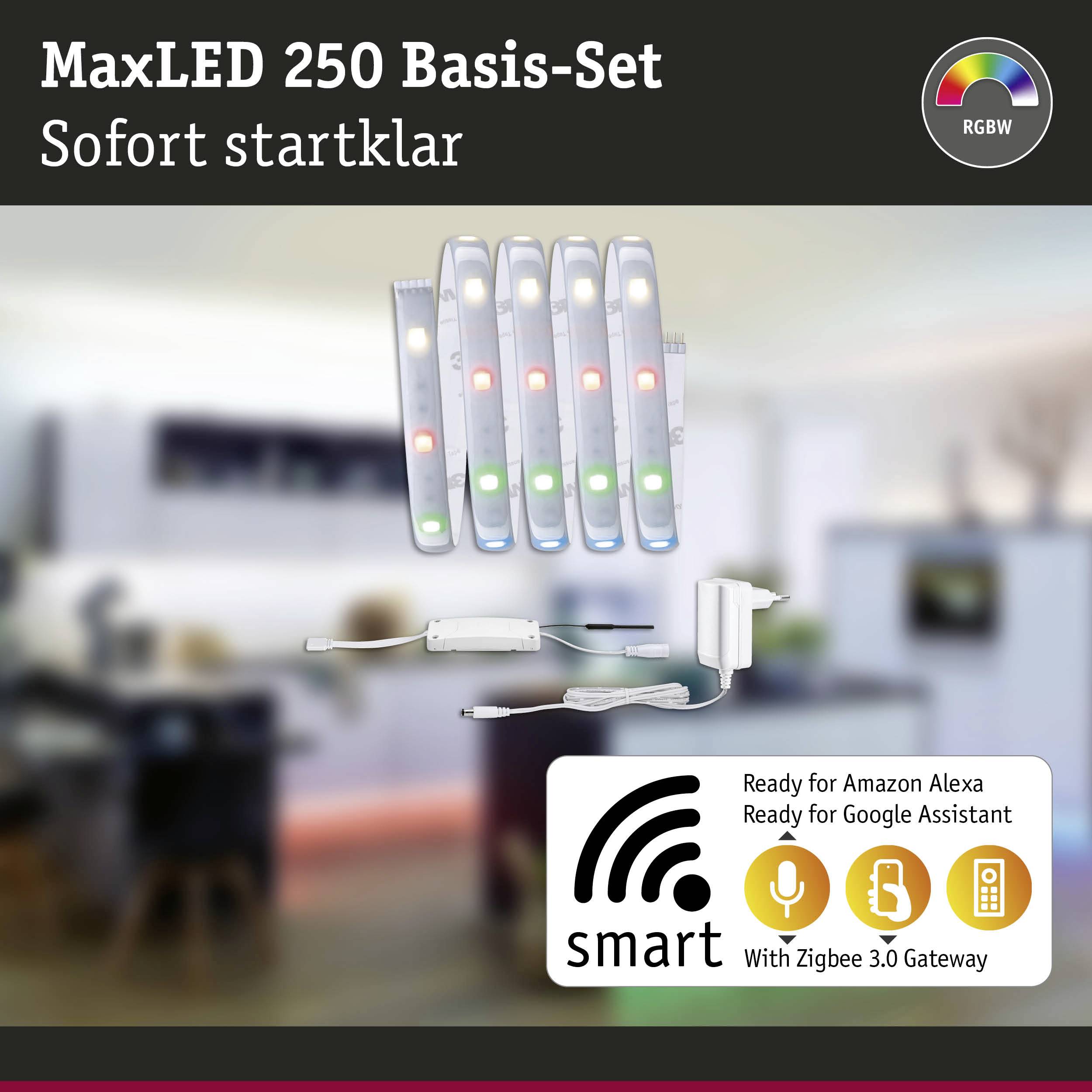 'MaxLED 250 Basis-Set, sofort startklar. Enthält LED-Streifen, Steuergerät, Adapter. Kompatibel mit Alexa und Google Assistant.'