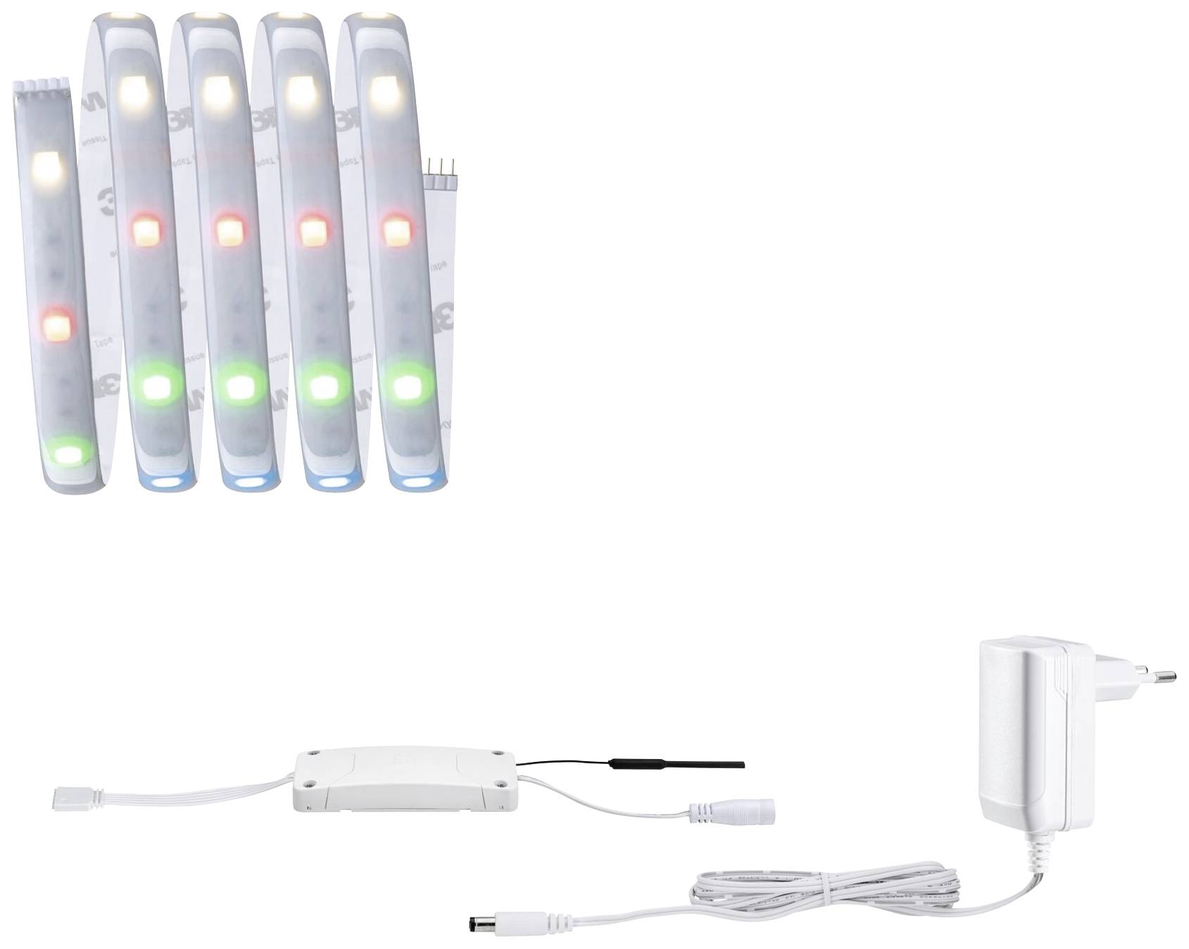 'LED-Licht-Streifen in verschiedenen Farben zusammen mit einem Netzteil und Steuergerät, geeignet zur Beleuchtung und Dekoration.'