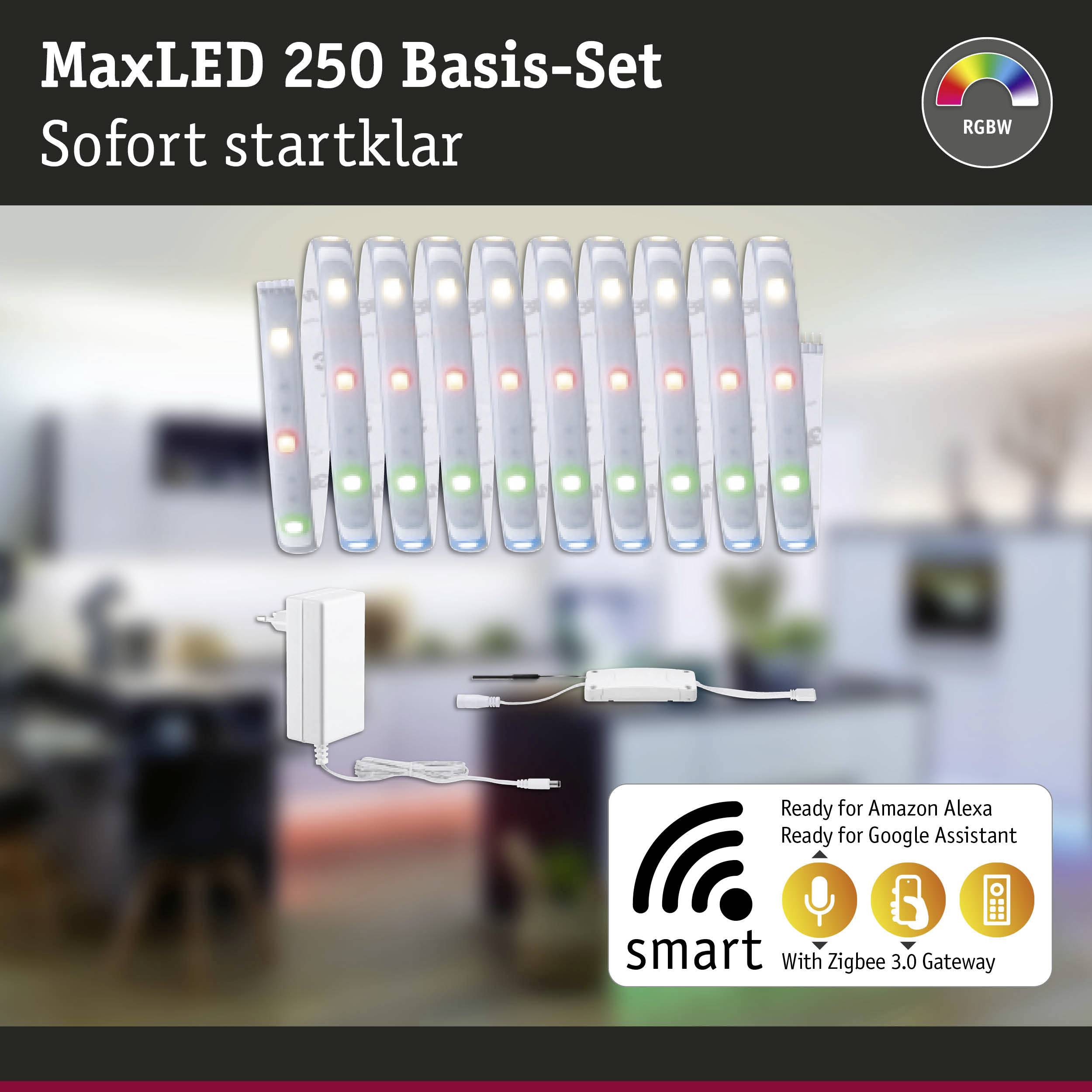 'MaxLED 250 Basis-Set' mit elf Lichtstreifen und Zubehör, sofort einsetzbar, kompatibel mit Amazon Alexa und Google Assistant.