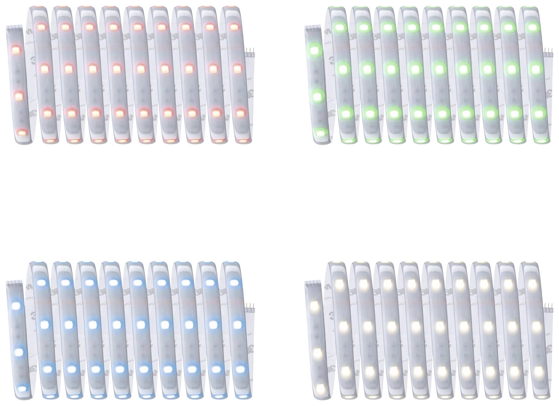 LED-Leisten in vier Reihen: oben links rot, oben rechts grün, unten links blau, unten rechts weiß leuchtend.