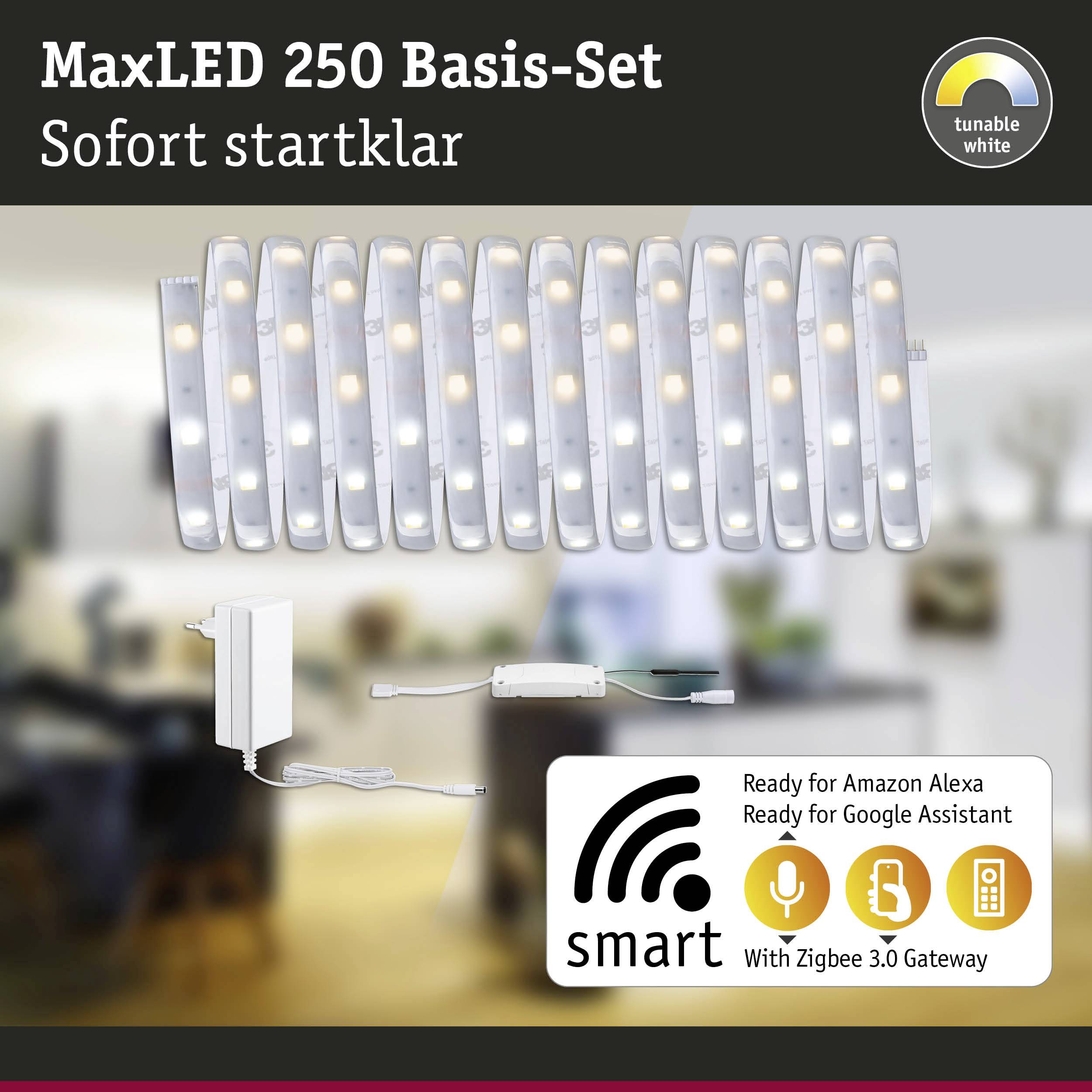 MaxLED 250 Basis-Set, sofort einsatzbereit. Enthält LED-Leisten, Steuerungs- und Verbindungselemente. Kompatibel mit Alexa und Google Assistant.