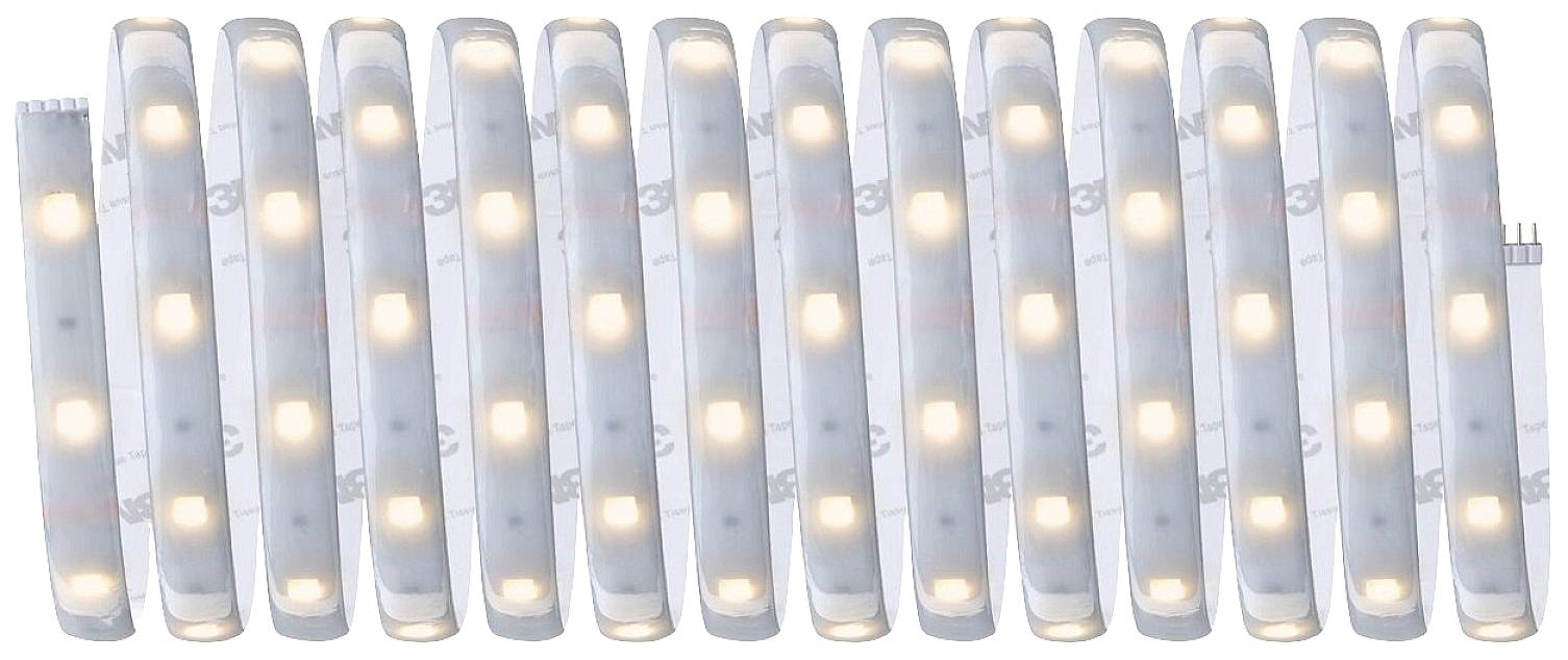 Ein Streifen mit leuchtenden LED-Lichtern, die gleichmäßig in einer Reihe angeordnet sind. Enthält weiße und warme Lichttöne.