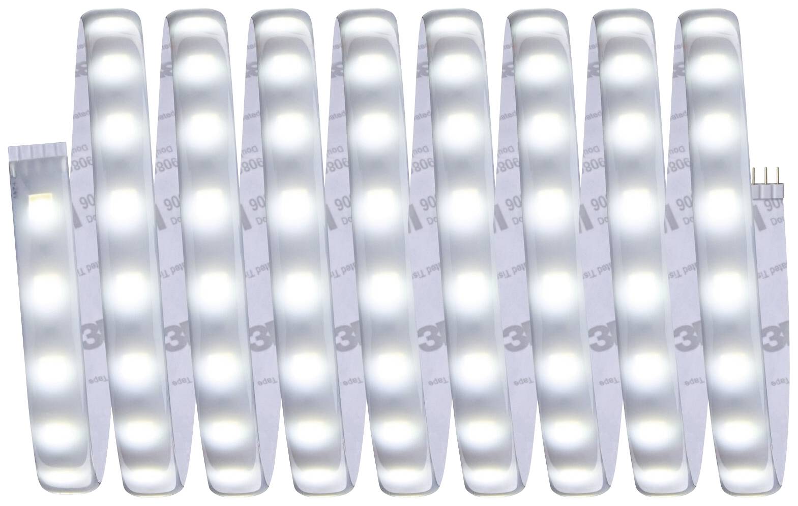 Eine Reihe von LED-Streifen in drei Reihen, die helles, weißes Licht ausstrahlen. Sie sind flexibel und für Beleuchtungszwecke geeignet.