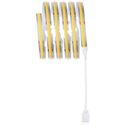 Ein zusammengerolltes LED-Streifenlicht mit silbernem Hintergrund und gelbem Licht, verbunden durch einen weißen Stecker.
