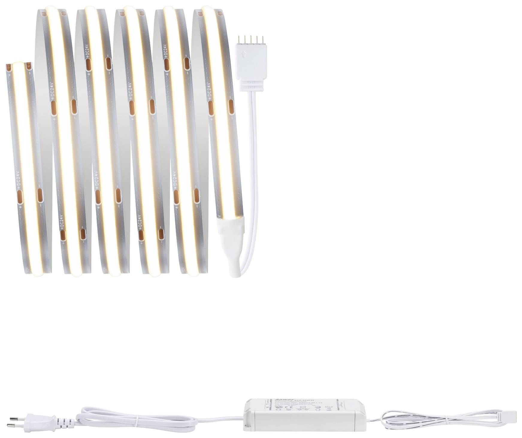 LED-Streifen mit Anschlusskabel und Netzadapter, geeignet zur Beleuchtung oder Dekoration, zeigt flexible und anpassbare Anwendung.