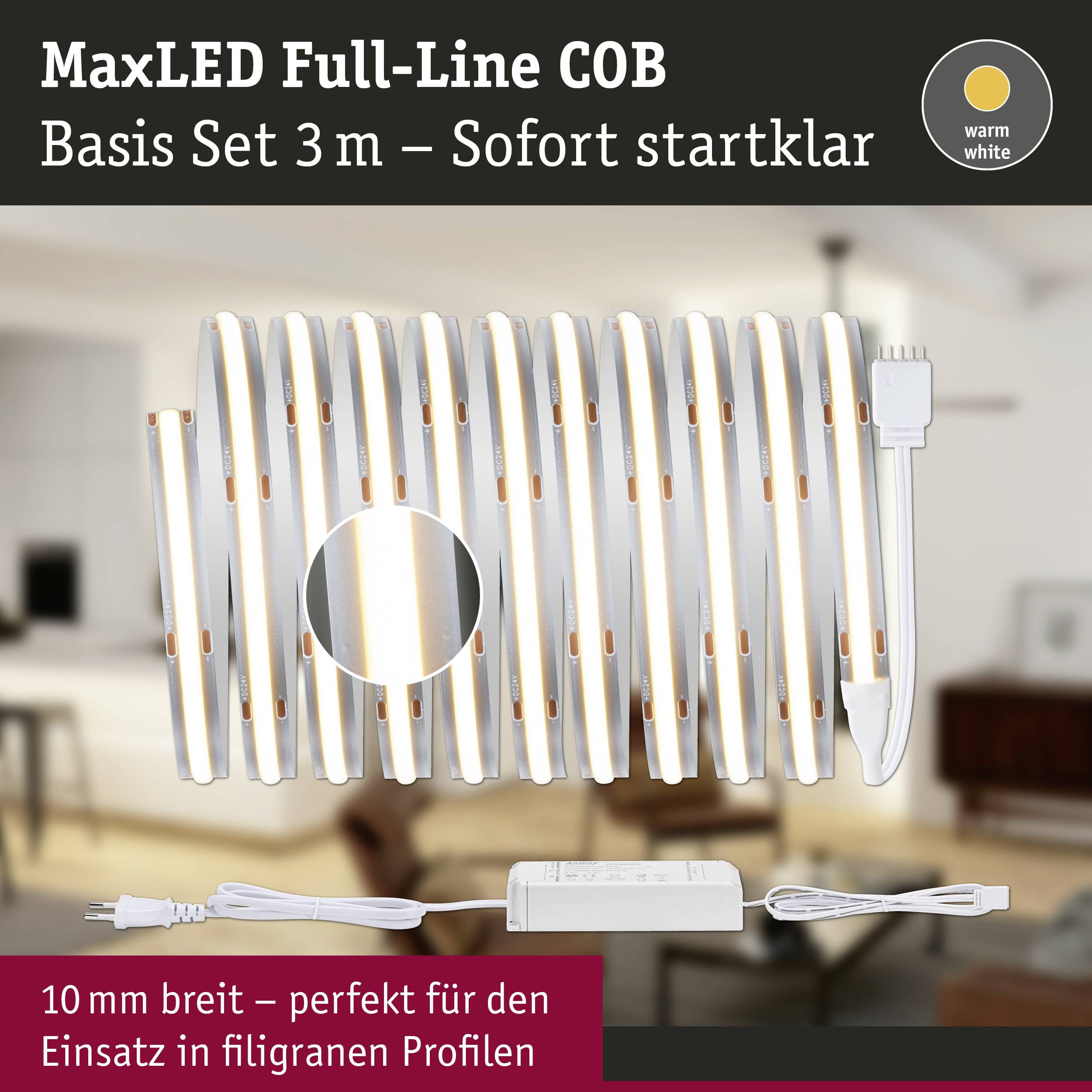 'MaxLED Full-Line COB Basis Set 3 m – Sofort startklar' zeigt ein LED-Streifenlicht mit Stecker und Controller in Wohnumgebung.
