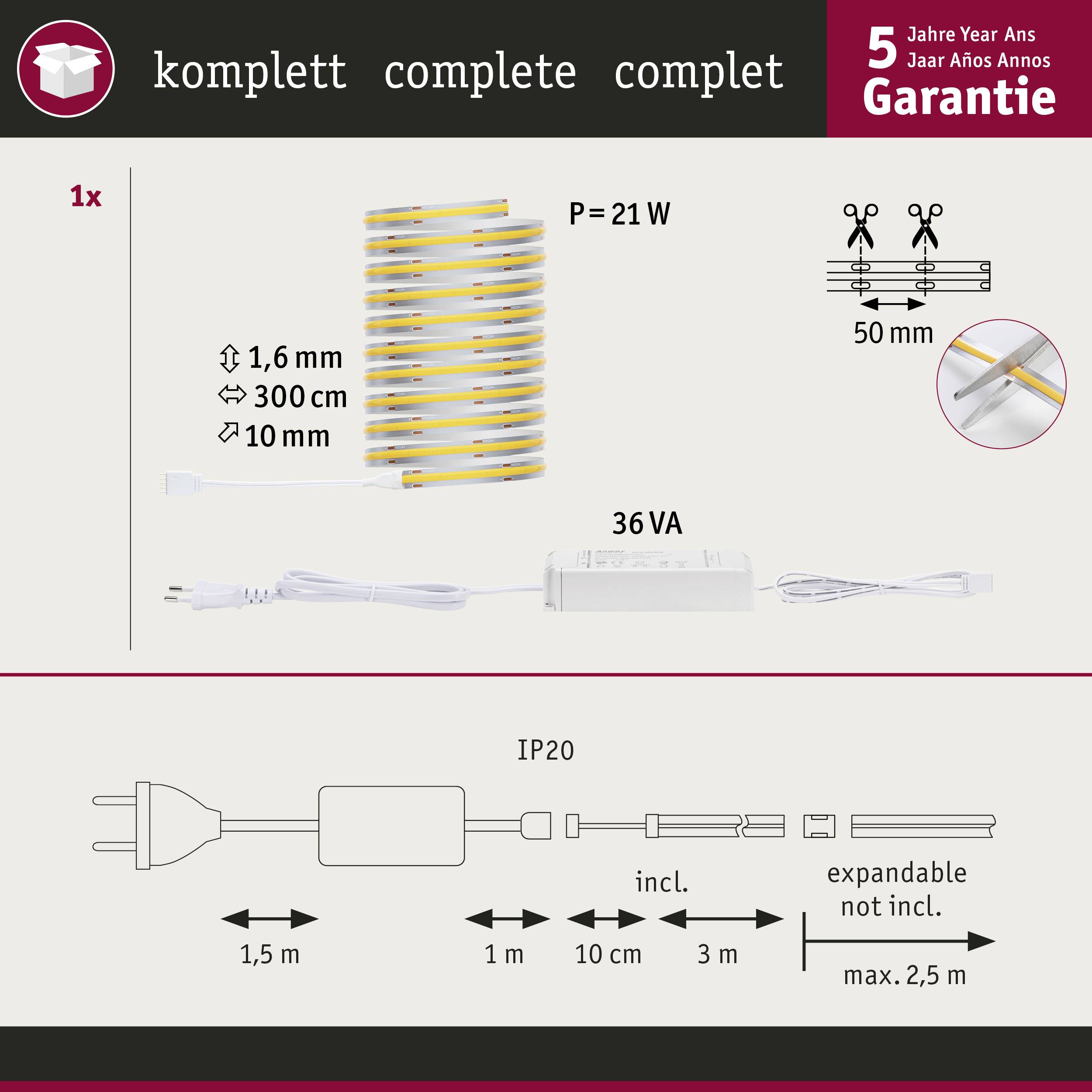'LED-Streifen Set: 12 Streifen, je 1,6 mm dick, 3 m lang. Inklusive Stromkabel, Transformator. Garantie 5 Jahre, IP20-Schutz.'