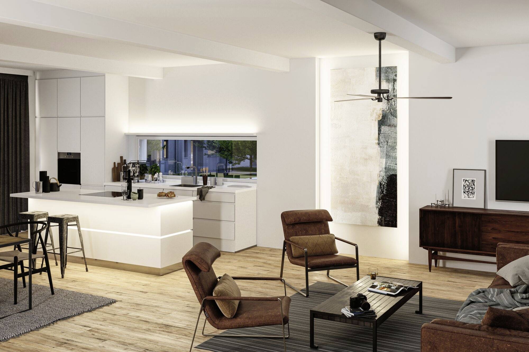 Modernes Wohnzimmer mit offener Küche, Holzboden, weißen Wänden und braunen Möbeln. Große Fenster lassen viel Licht herein.