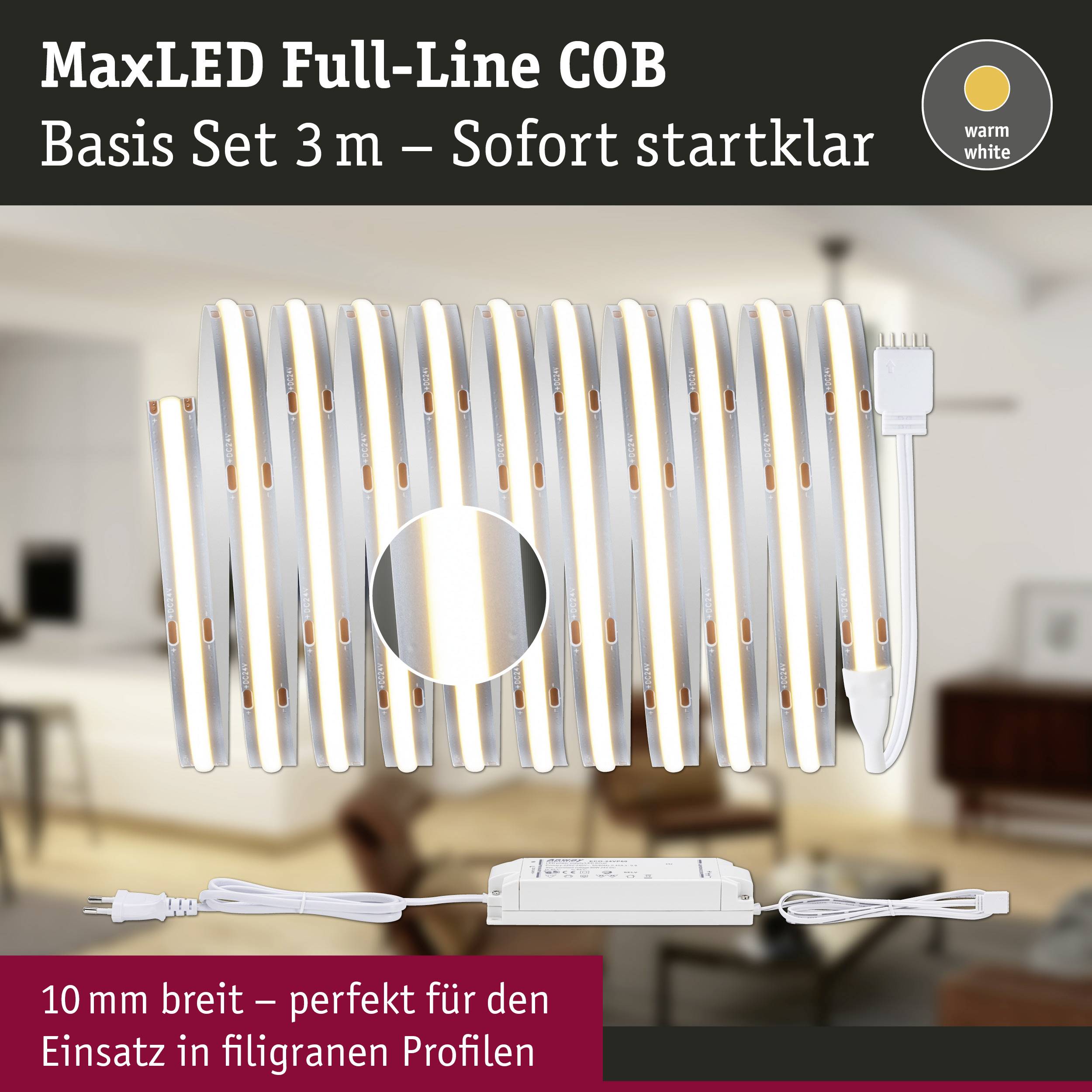Ein gerolltes MaxLED COB Lichtband, 3 m lang, warmweißes Licht, ideal für filigrane Profile. Sofort startklar.
