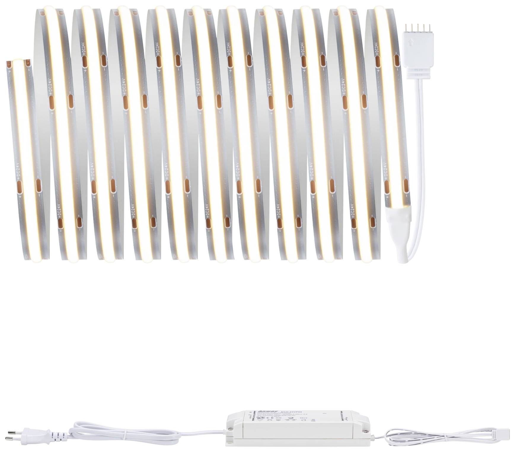 LED-Lichtstreifen in Schleifenform mit einem Netzstecker und einem Verbindungskabel.