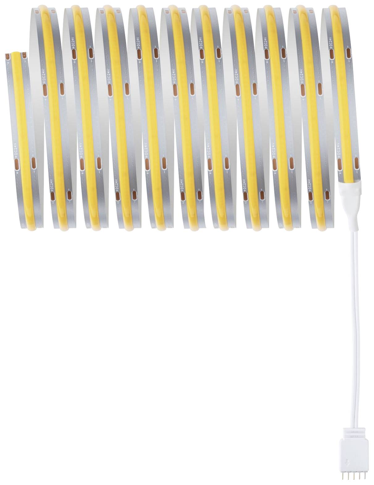 Eine aufgerollte LED-Lichtleiste in einem gelben Gehäuse mit einem weißen Anschlusskabel auf der rechten Seite.