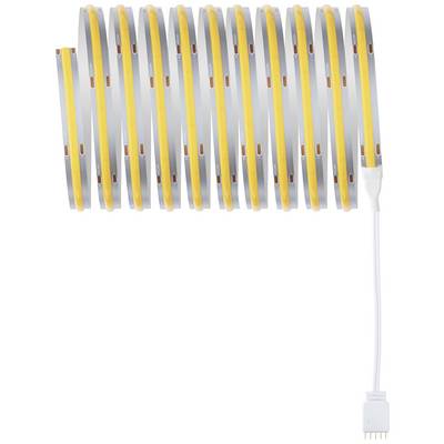 Eine aufgerollte LED-Lichtleiste in einem gelben Gehäuse mit einem weißen Anschlusskabel auf der rechten Seite.