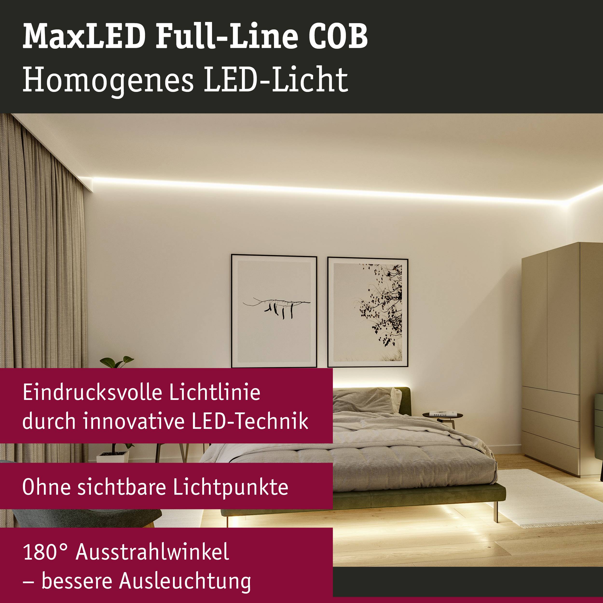 Elegantes Schlafzimmer mit moderner LED-Beleuchtung. Überschrift: 'MaxLED Full-Line COB'. Vorteile: 'Homogenes Licht', 'Keine sichtbaren Lichtpunkte'.
