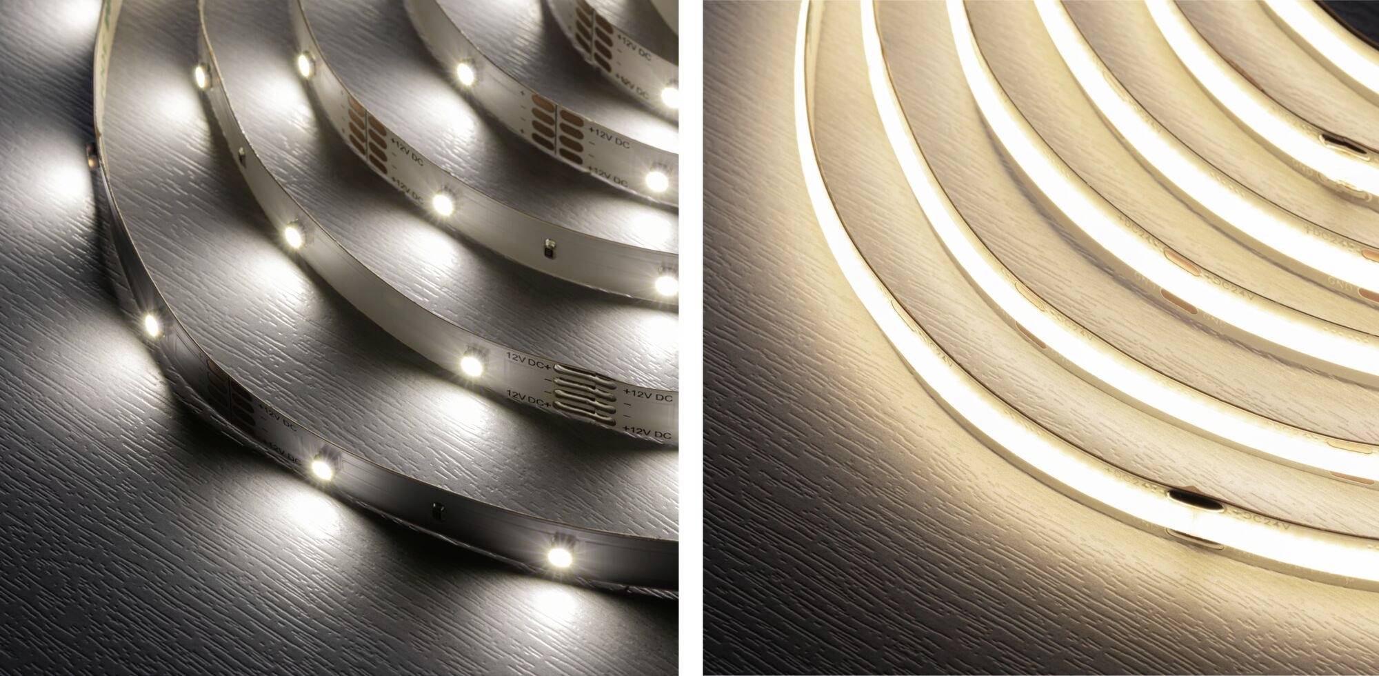 LED-Lichtstreifen: links mit einzelnen leuchtenden Punkten, rechts mit durchgehendem sanften Licht.
