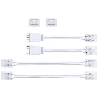 'Drei weiße LED-Strip-Verbinder mit Kabeln; oben sind zwei zusätzliche Adapter zu sehen.'