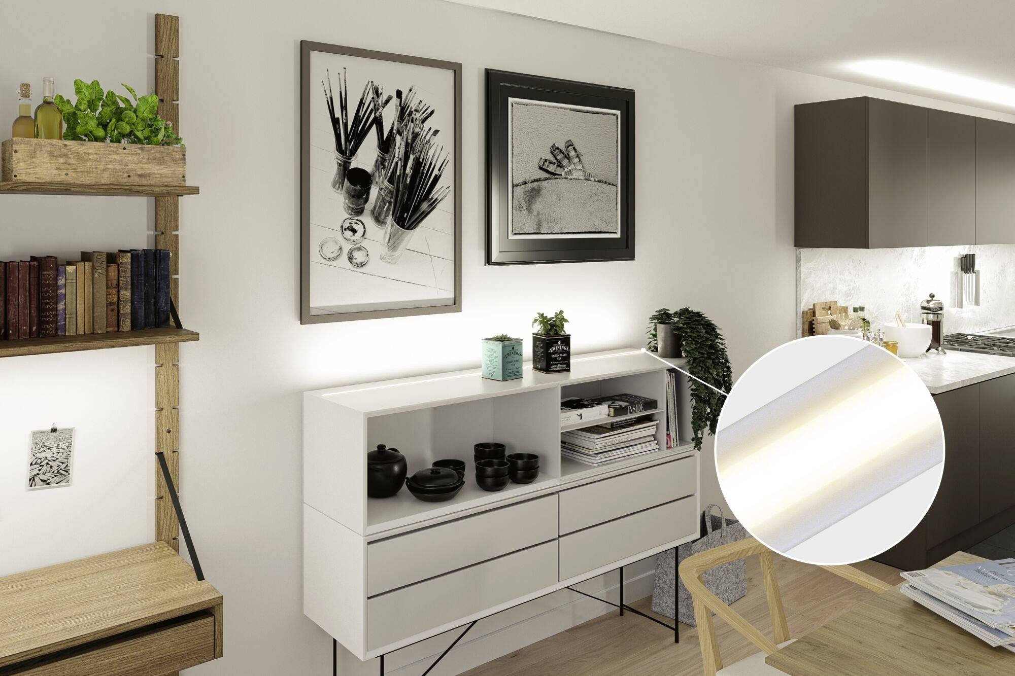 Im Wohnzimmer sieht man ein modernes Sideboard mit Dekoration und Kunstwerken an der Wand. Ein Kreis hebt die Beleuchtung hervor.