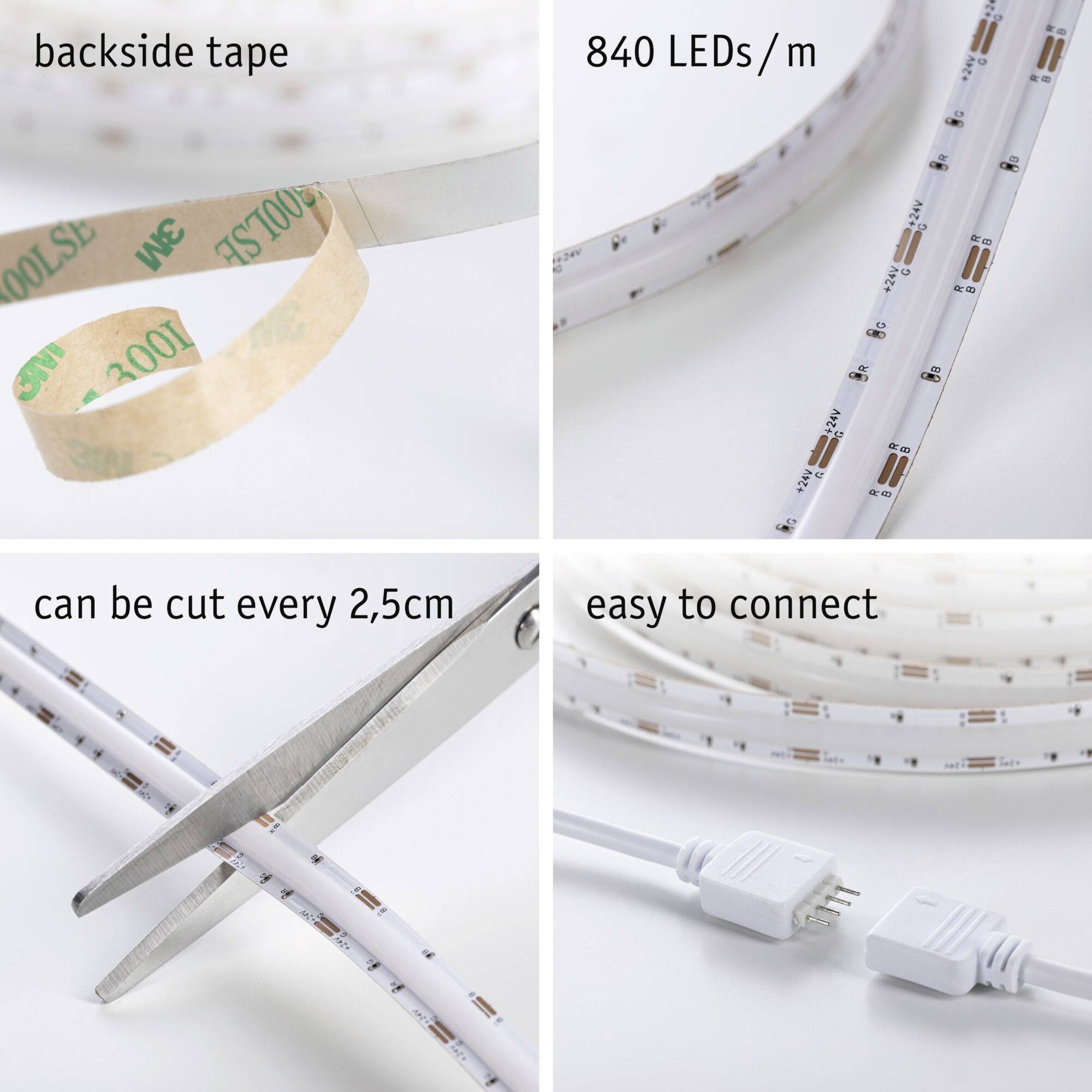 'LED-Streifenmerkmale: starke Rückseite, 840 LEDs pro Meter, alle 2,5 cm schneidbar, einfach zu verbinden mit Steckverbindung.'