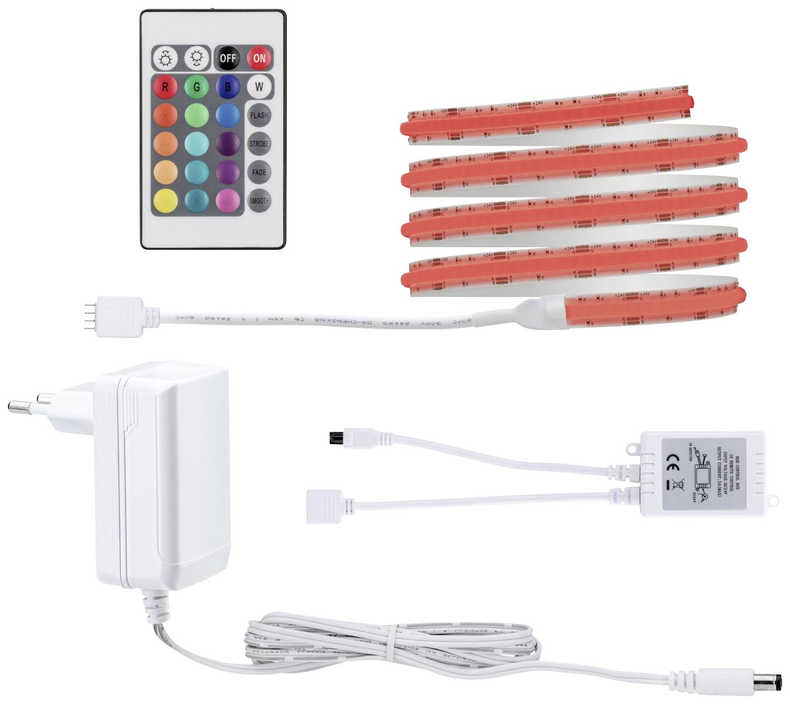LED-Lichtstreifen-Set mit Fernbedienung, Netzteil und Verbindungskabeln. Bunte Tasten auf der Fernbedienung für Lichtsteuerung.