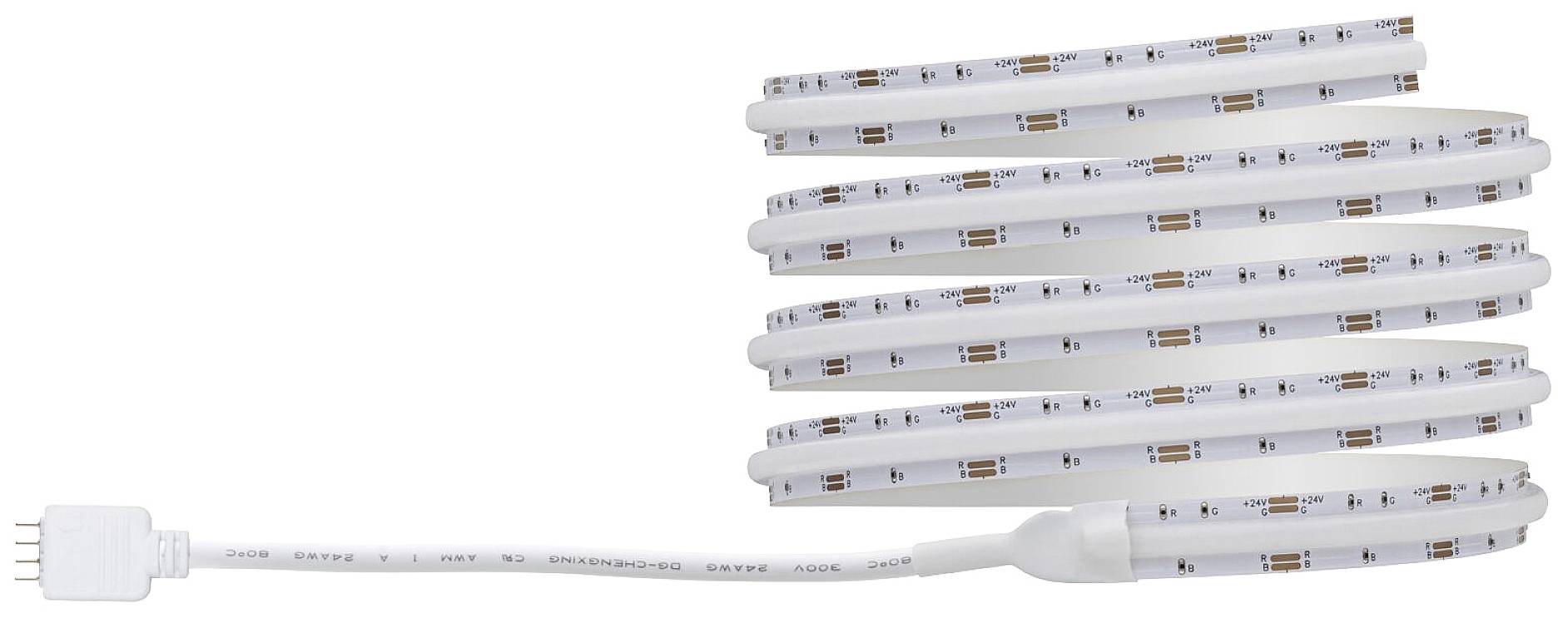 Ein weißer LED-Streifen mit zylindrisch gewundenen Streifen, verbunden mit einem weißen Kabel, das in der linken unteren Ecke endet.